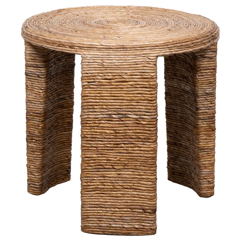 Asha 22 Inch Side End Table, Round Shaped Top with Natural Rattan Wrapping