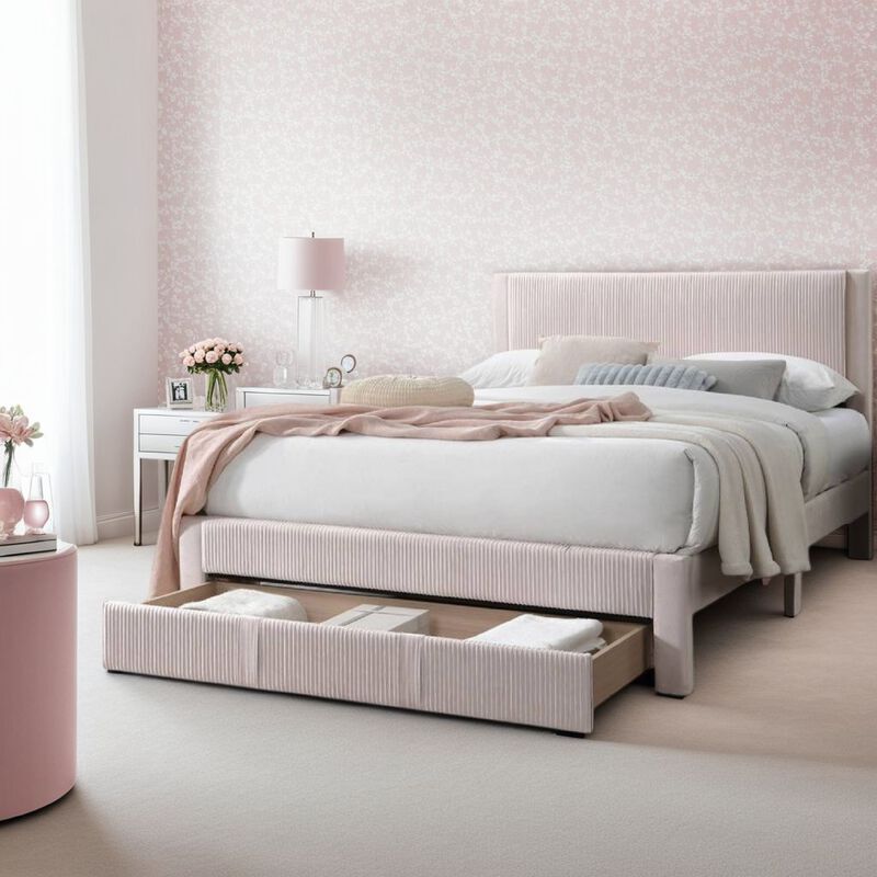 Peo Queen Size Bed w Storage Drawer, Light Pink Corduroy Upholstery - Benzara
