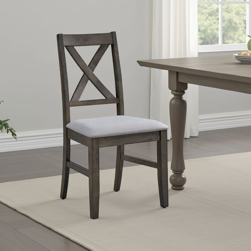 Side Dining Chair Set of 2, X Farmhouse Back, Padded Gray and Beige - Benzara