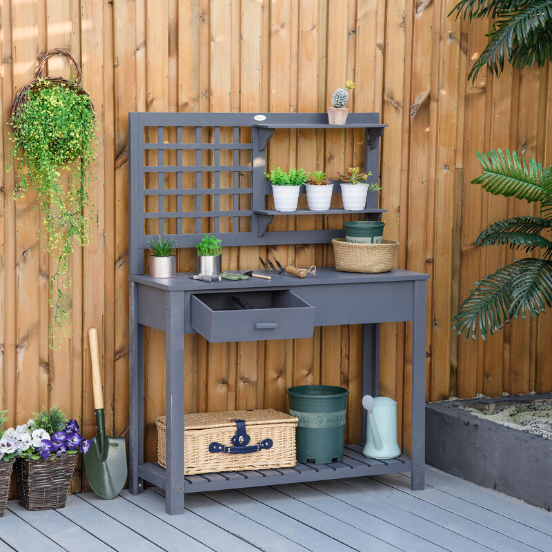 Outsunny Potting Bench Table, Garden Work Bench, Outdoor Wooden Workstation with Tiers of Shelves and Drawer for Patio, Courtyards, Balcony, Grey