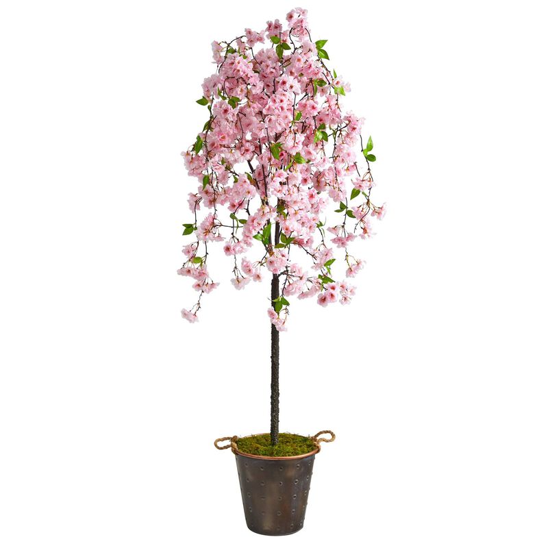 Nearly Natural 6-ft Cherry Blossom Tree in Decorative Metal Pail with Rope