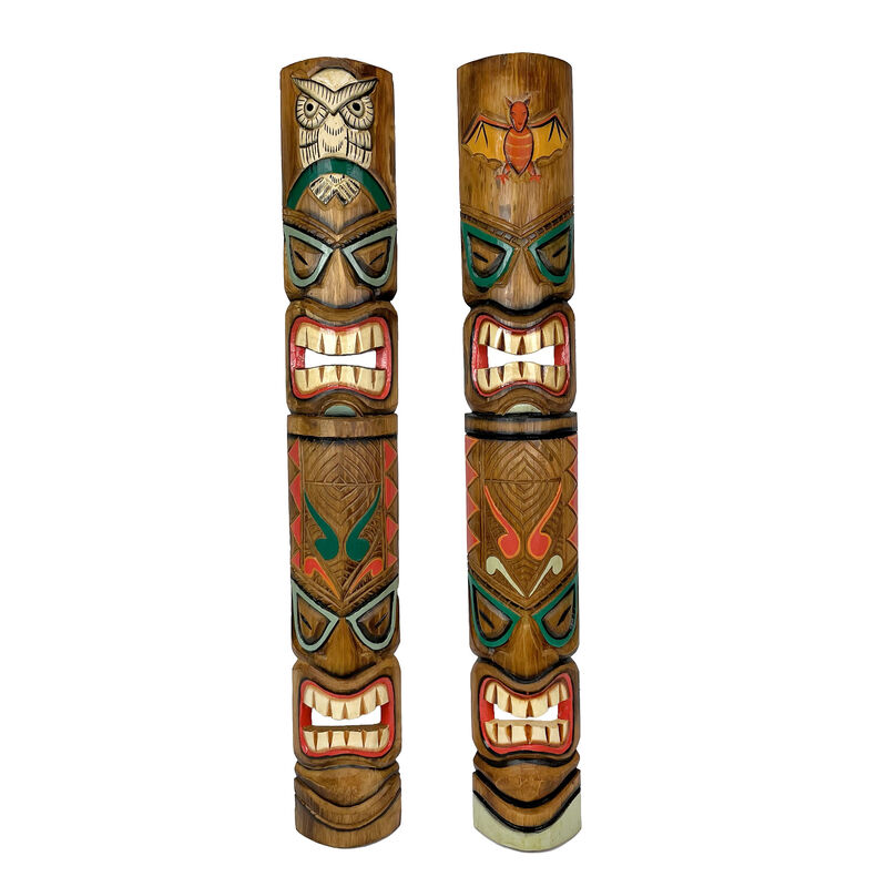 Set of 2 Tiki Mask Bat and Owl Totem Hand Carved Wall Decor Sculpture 40 Inch image number 0