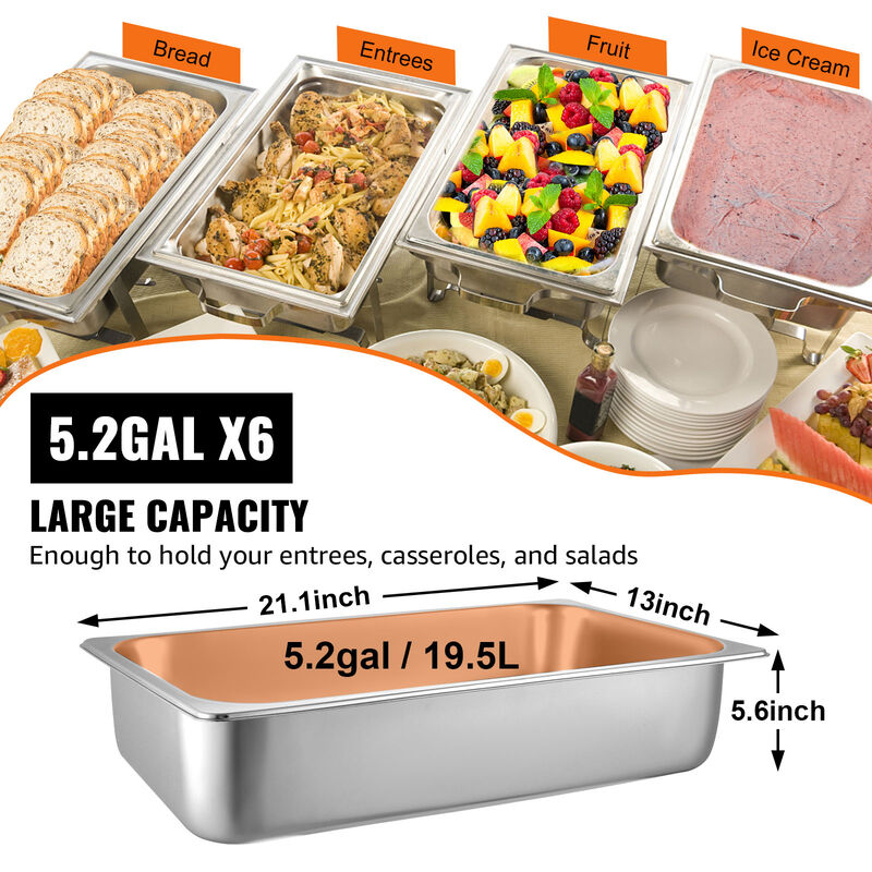 6" Deep Steam Table Pan Full Size 20.5 L/21.7 Quart Stainless Steel Anti-Jam 6 Pack