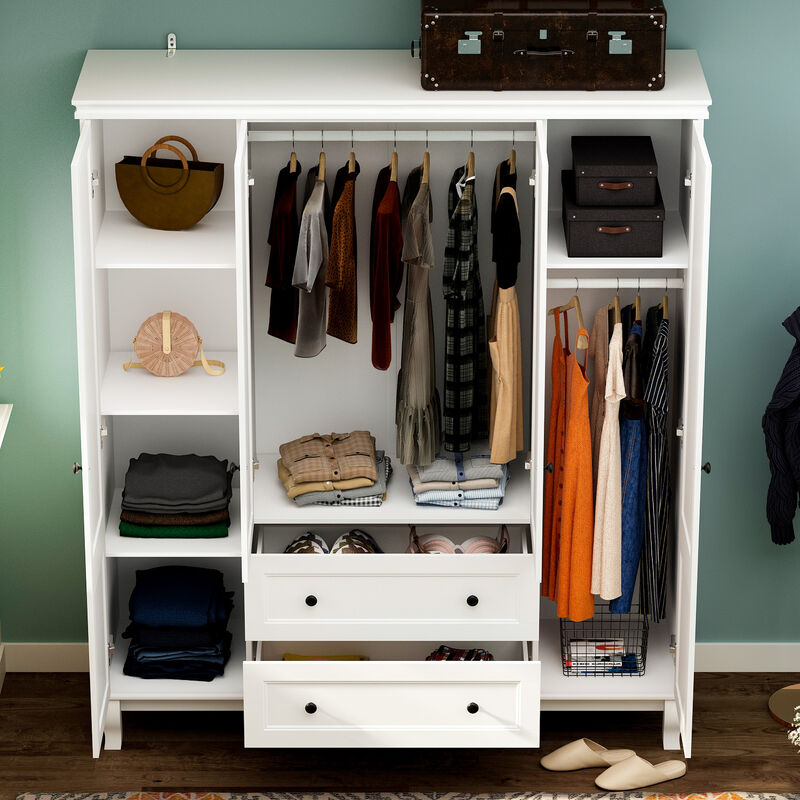 FUFU&GAGA Contemporary 4-Door Wardrobe Closet with Hanging Rod, 2 Drawers, and 4 Storage Compartments, (63" W x 18.9" D x 71.3" H), White