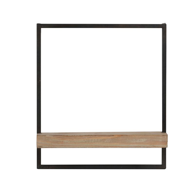 Yin 18 Inch Wall Shelf, Rectangular Industrial Frame, Black Iron Brown Wood - Benzara