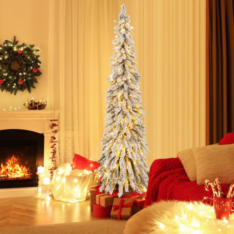 Pre-Lit Artificial Christmas Tree Snow-Flocked Slim Pencil Xmas Decor