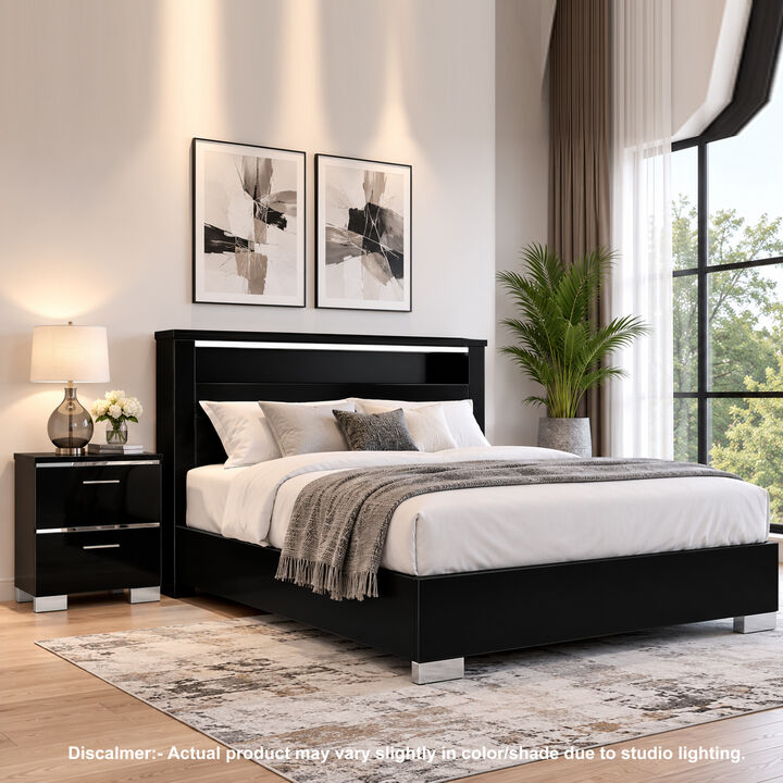 2pc King Bedroom Set, Black, Chrome Wood, Nightstand