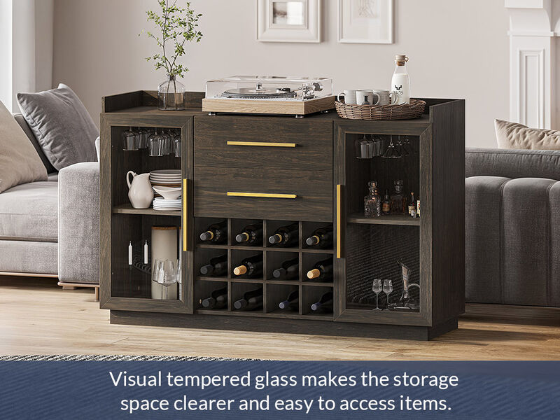 BELLEZE 55" Wine Cabinet, Sideboard Buffet with Wine Rack and Glass Holder, Home Coffee Bar Freestanding Liquor Cabinet with Display Glass Doors for Living Room, Dining Room - Marcel
