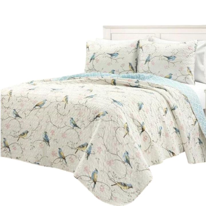Hivvago Full/Queen Reversible Lightweight Polyester Floral Birds 3 Piece Quilt Set