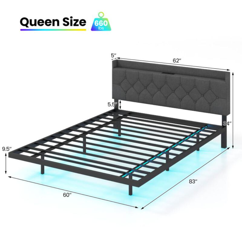 Hivvago Floating Bed Frame with LED and Headboard and Charging Station-Queen