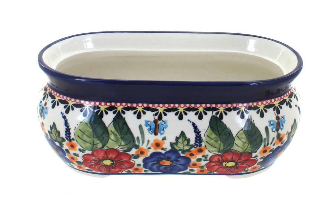 Blue Rose Polish Pottery Floral Butterfly Small Planter