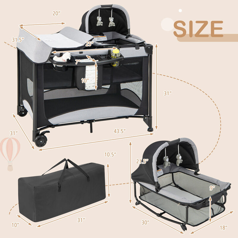5-in-1 Portable Baby Playard with Cradle and Storage Basket