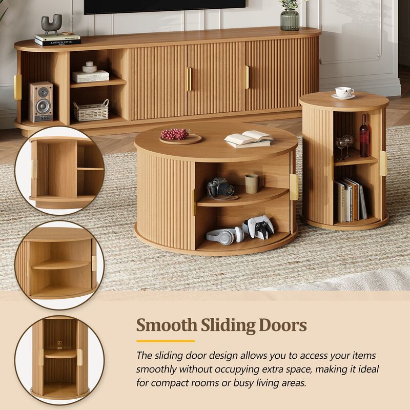 Clihome Wooden TV Stand Coffee Table Set with Fluted Sliding Door for Living Room image number 3