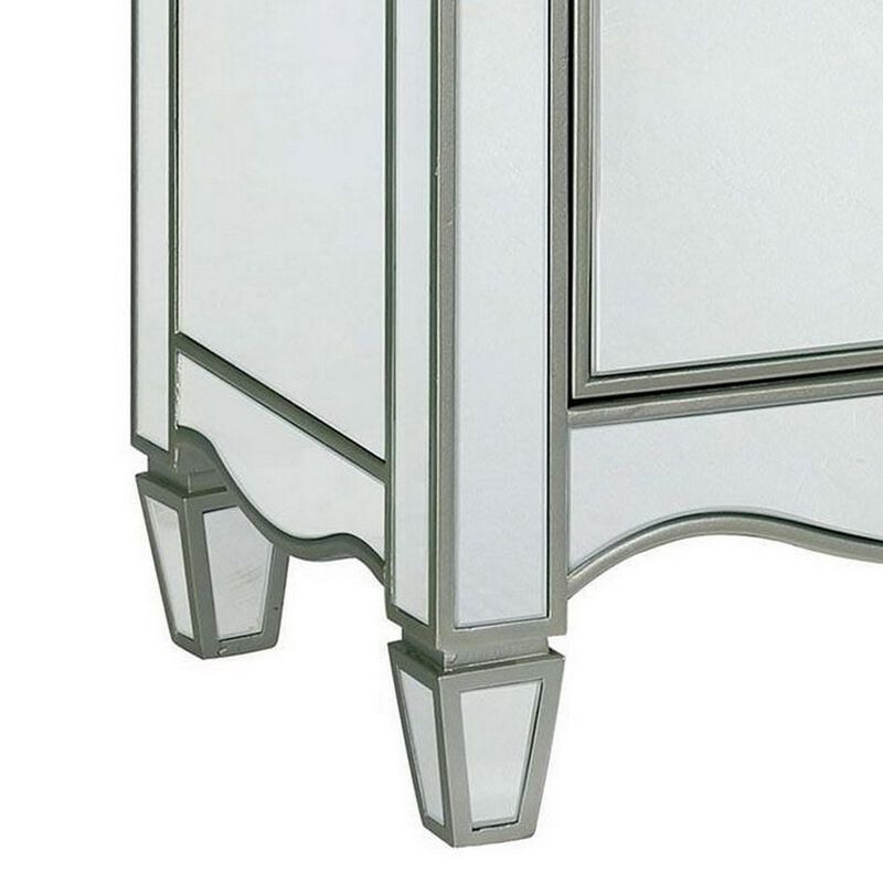 Nightstand with Crystal Knobs and Mirror Panels, Silver-Benzara image number 4
