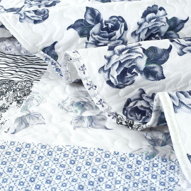 Legacy Decor 3 PCS Quilt Bedspread Coverlet Blue and White Floral Patchwork Design Microfiber King Size