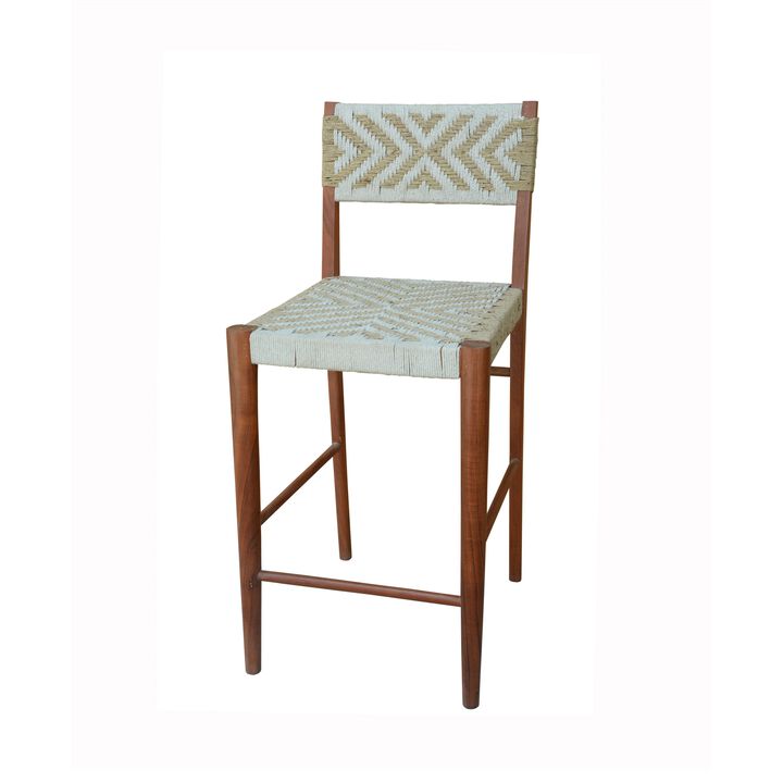 Cero 29 Inch Barstool Chair Set of 2, Wood, Cotton Woven, Brown, Gray - Benzara