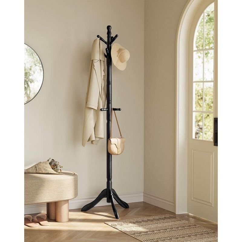 Hivvago Solid Wood Coat Rack with 10 Hooks in Black Finish