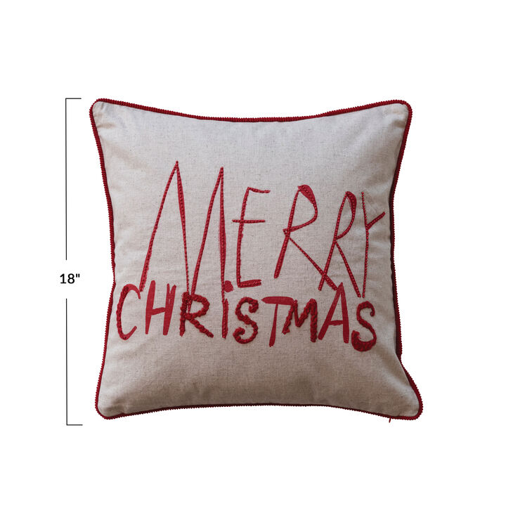 Square Cotton Printed Pillow with Embroidery, Corduroy Back and Piping "Merry Christmas", Natural and Red