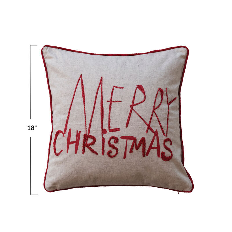 Square Cotton Printed Pillow with Embroidery, Corduroy Back and Piping "Merry Christmas", Natural and Red image number 1