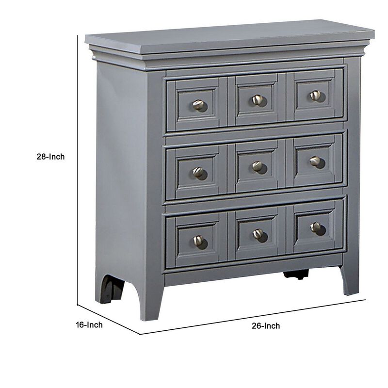 Cile 26 Inch Nightstand, 3 Panel Drawers, Gray Wood, Round Nickel Handles - Benzara