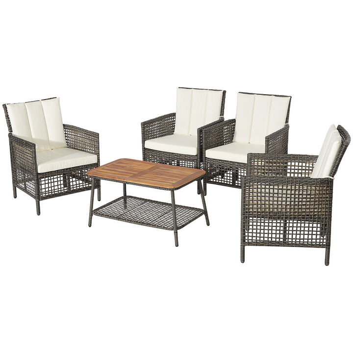 5 Pieces Patio Rattan Furniture Set Cushioned Sofa Armrest Wooden Tabletop-Off White