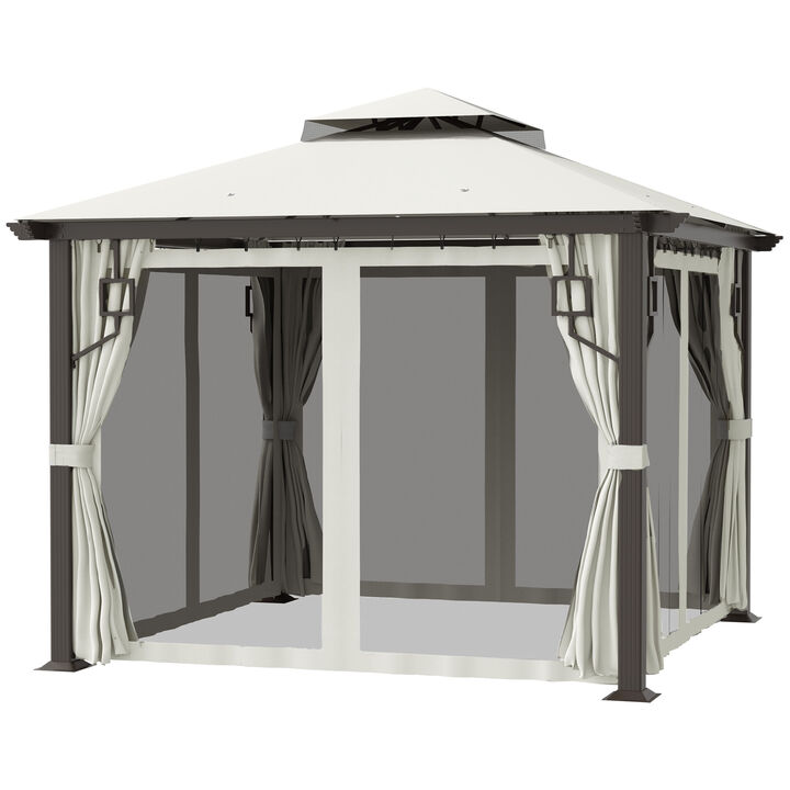 Outsunny 10' x 10' Patio Gazebo, Double Roof Outdoor Gazebo with Privacy Curtains, Mesh Netting, Aluminum Frame Outdoor Canopy Shelter, Cream White