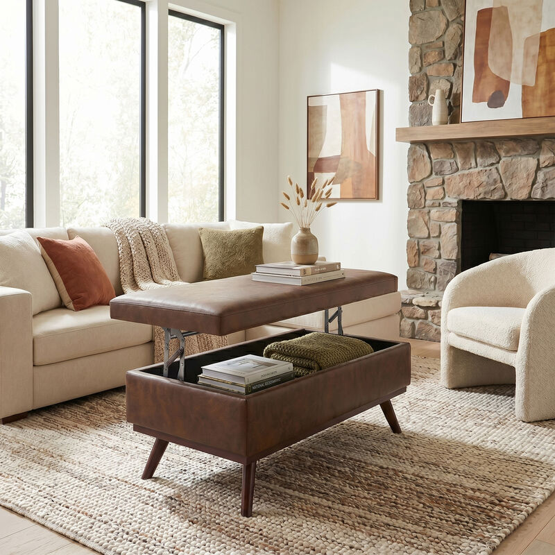 Owen 42 inch Wide Mid Century Modern Rectangle Lift Top Large Coffee Table Storage Ottoman in Distressed Chestnut Brown Vegan Faux Leather, Assembled image number 9