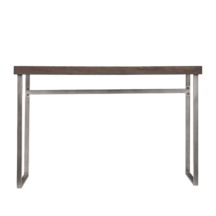 HomeRoots 46" Gray Brown and Silver Wood and Metal Distressed Sled Console Table