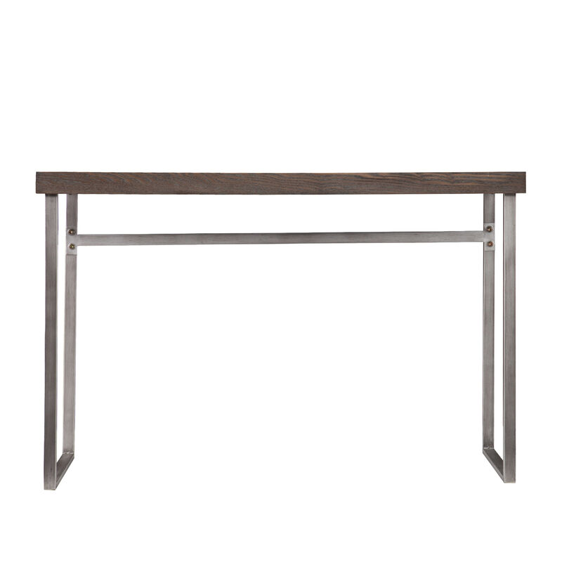 HomeRoots 46" Gray Brown and Silver Wood and Metal Distressed Sled Console Table image number 0