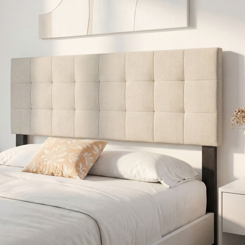 Queen and Full Size Quilted Grid Headboard with Upholstered Linen Fabric image number 4