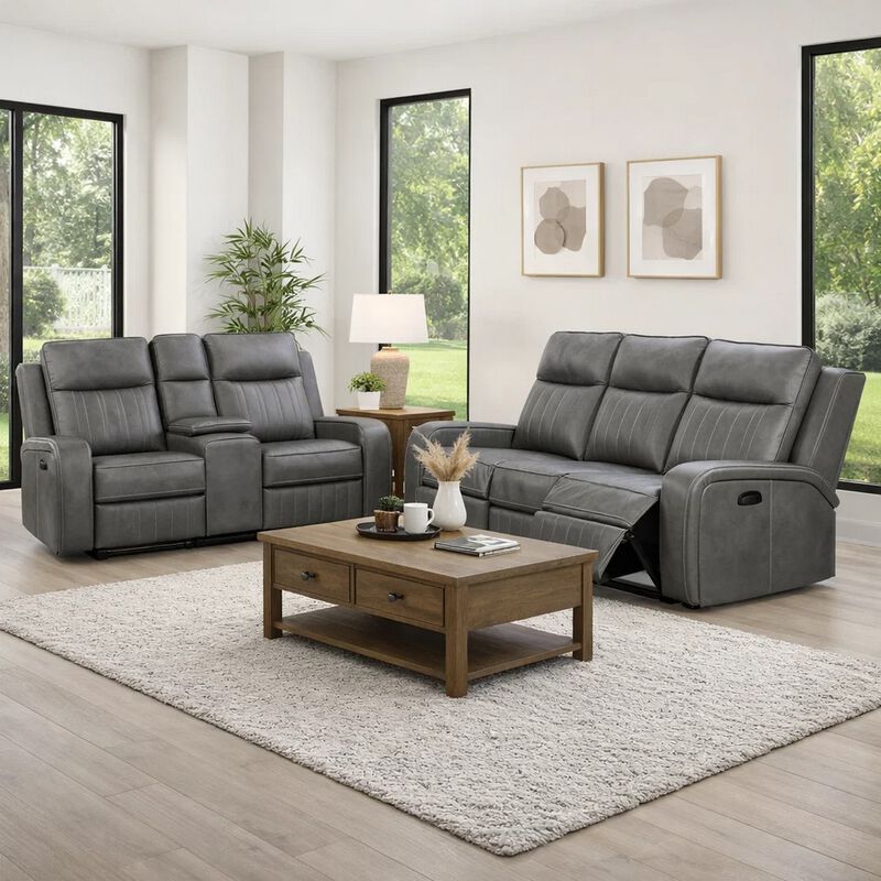Josen 2pc Manual Reclining Sofa and Loveseat Set, Gray Faux Leather - Benjara image number 1