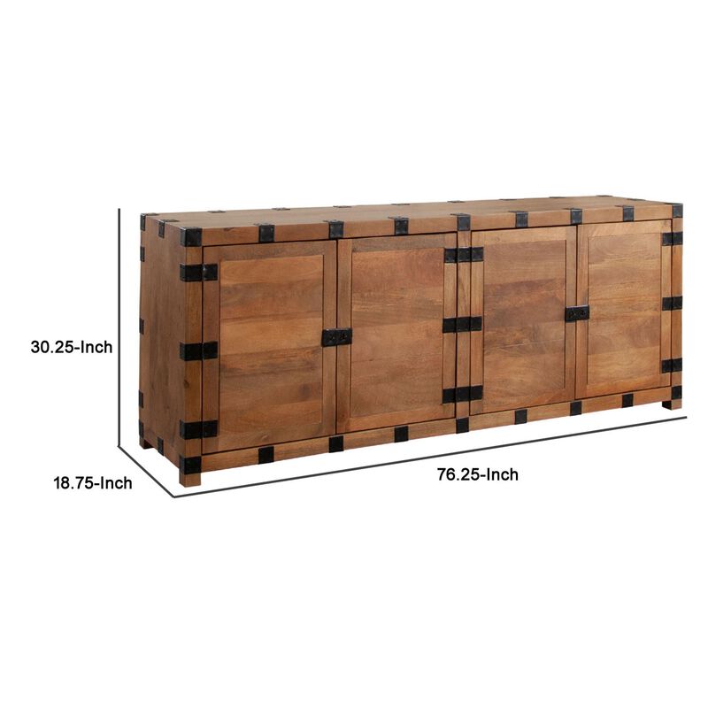 Ozy Sideboard Buffet Cabinet w 4 Doors, 76 Inch Oak Brown Mango Wood