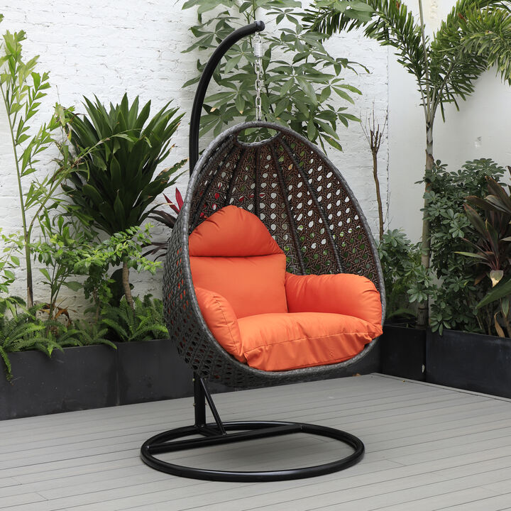 LeisureMod Charcoal Wicker Hanging Egg Swing Chair with Cushion