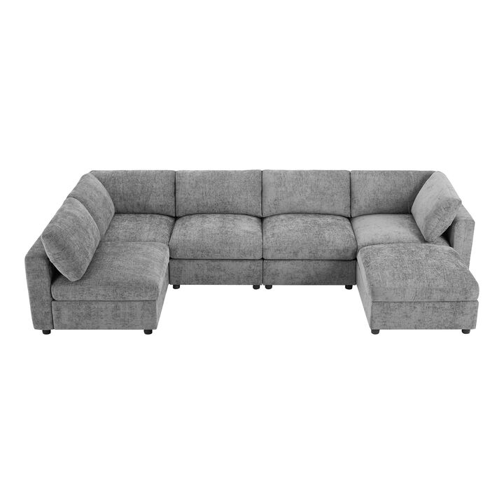 Merax Chenille 6-Piece Modular Sectional Sofa with Movable Ottoman