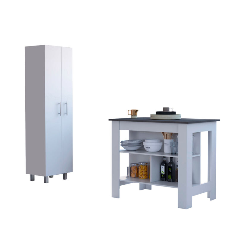 Meriden 2-Piece Kitchen Set, Kitchen Island and Pantry Cabinet, White and Onyx
