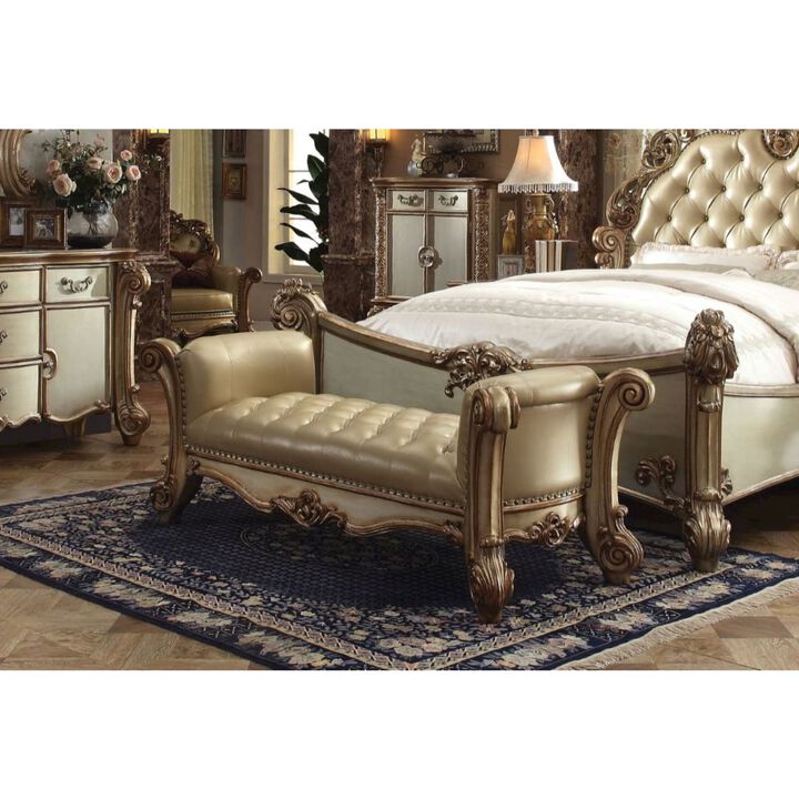 Simple Relax Upholstered Bedroom Bench with Button Tufted Seat in Bone and Gold Patina