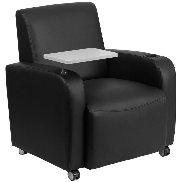 Flash Furniture George Black LeatherSoft Guest Chair with Tablet Arm, Front Wheel Casters and Cup Holder