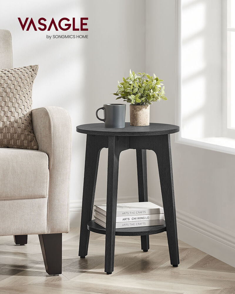 Minimalist Round End Table &ndash; Small Table with Lower Shelf for Sofa Side or Bedside Storage Needs