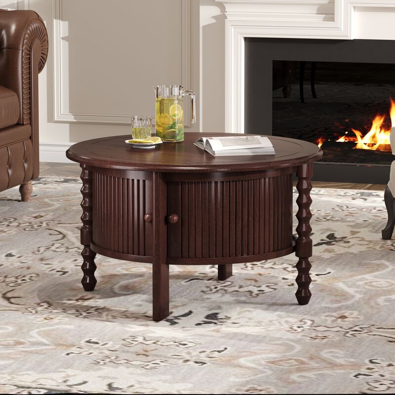 Merax 30.3" Vintage Round Coffee Table with Storage - Mid Century Modern Cocktail Table with Sliding Door & Slatted Design for Small Spaces