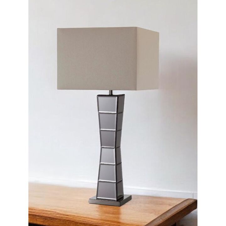 Hivvago Black Glass Tower Table Lamp with Beige Fabric Shade