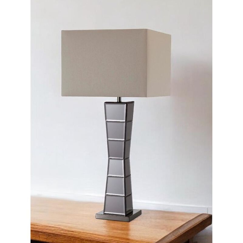 Hivvago Black Glass Tower Table Lamp with Beige Fabric Shade