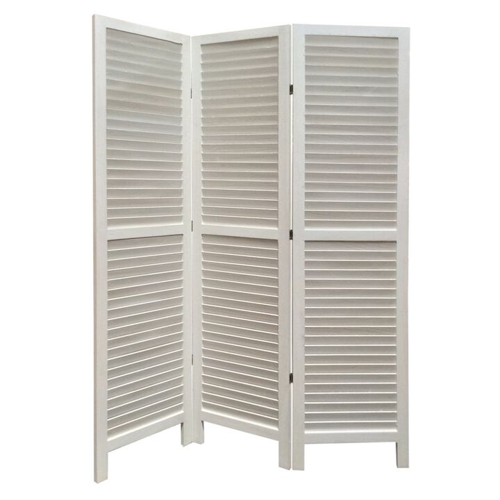 3 Panel Foldable Wooden Shutter Screen with Straight Legs, White-Benzara