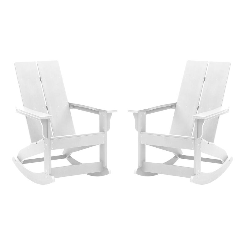 Flash Furniture Finn Modern Commercial Poly Resin Wood Adirondack Rocking Chair - All Weather White Polystyrene - Dual Slat Back - Stainless Steel Hardware - Set of 2 image number 0