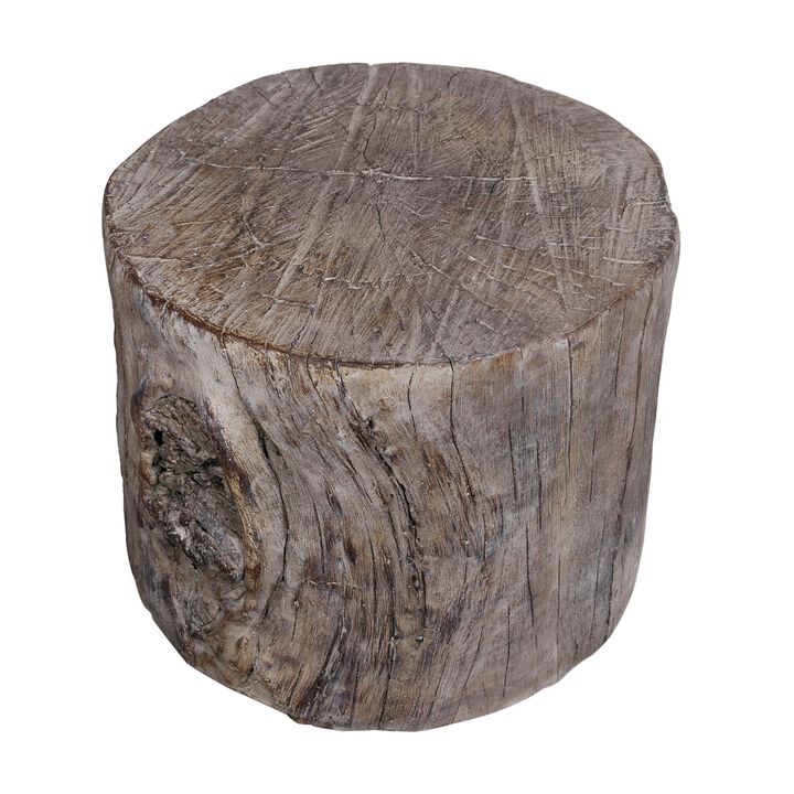 9 Inch Cement Stool Table, Tree Stump Design, Round Top, Classic Brown - Benzara