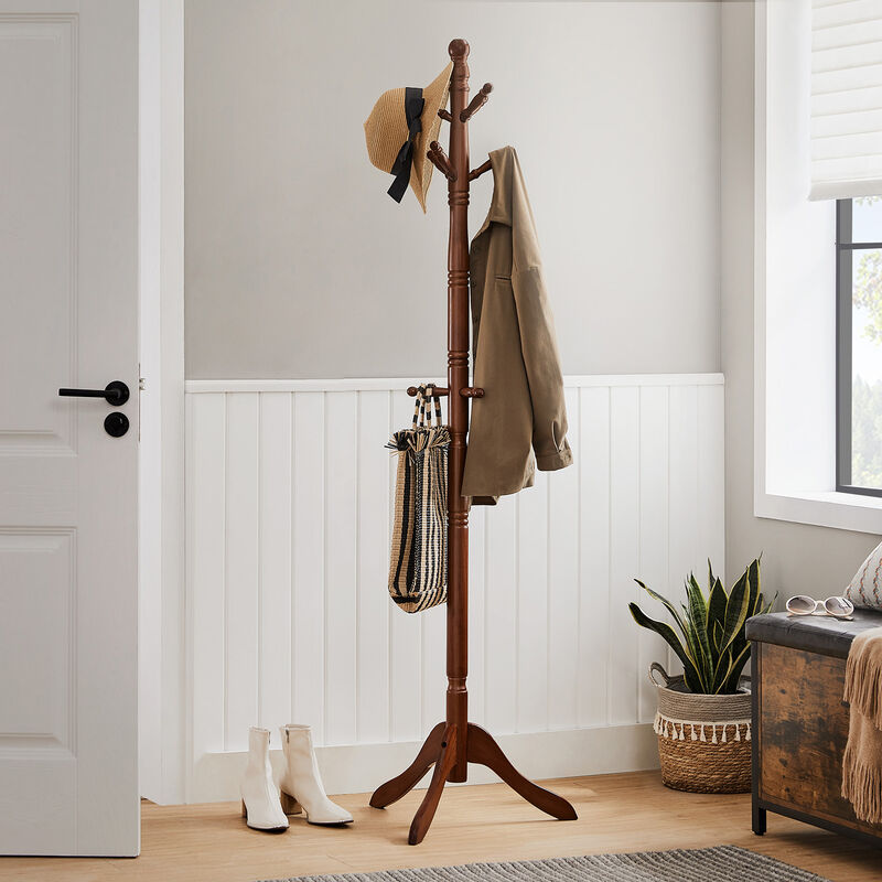 Solid Wood Coat Rack Stand with 10 Hooks - Freestanding Hall Tree