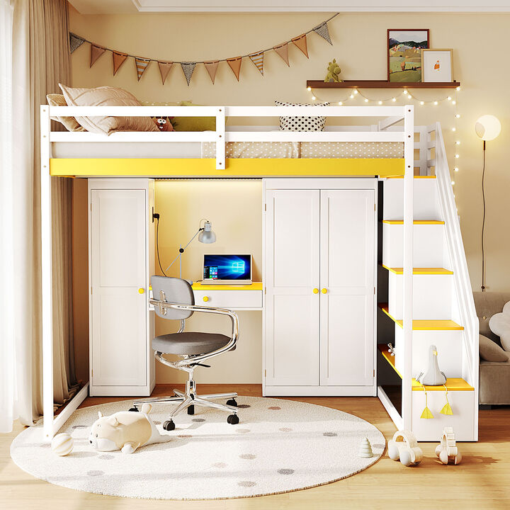 Merax Full Size Loft Bed with Staircase, Dressing Table, Wardrobe, 3-Tier Cabinet