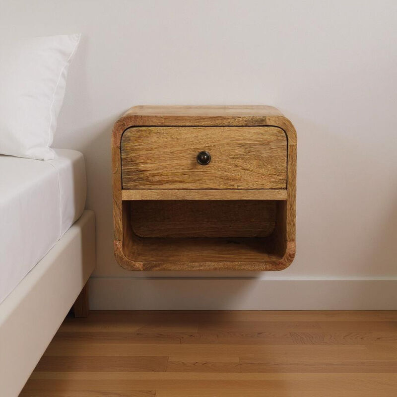 HomeRoots 12" Oak Solid Wood One Drawer Floating Nightstand image number 1