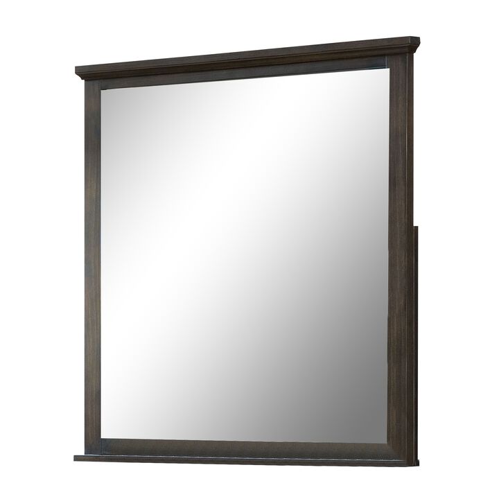 Wooden Frame Mirror with Molded Trim Top, Walnut Brown - Benzara