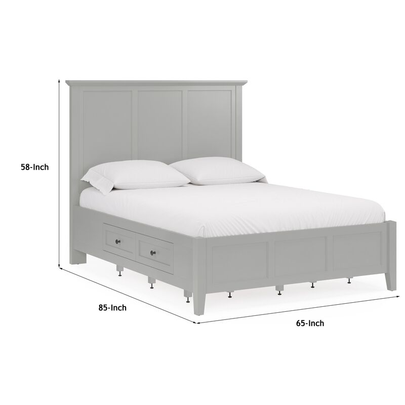 Fritz Queen Size Storage Bed, Three Panel, Beveled Top, Light Gray Wood - Benzara