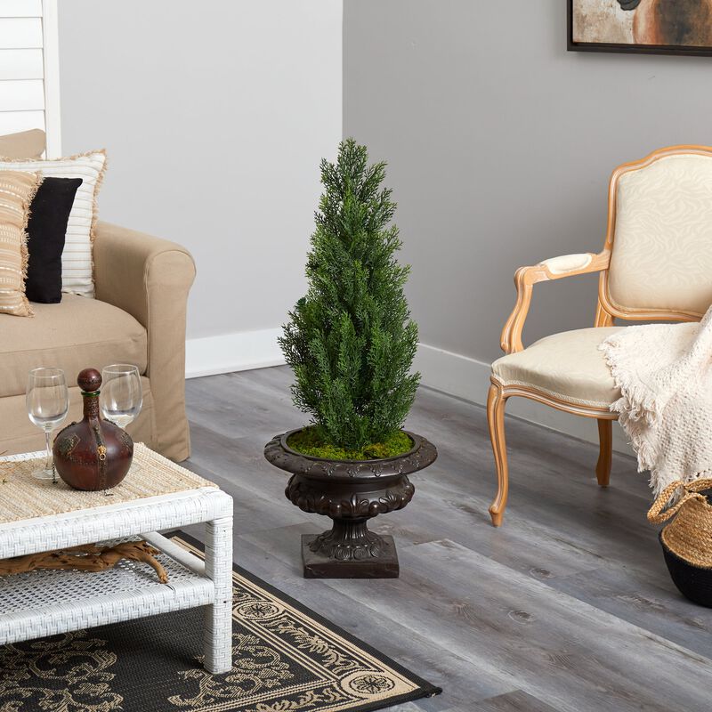 HomPlanti 3.5 Feet Mini Cedar Artificial Pine Tree in Iron Colored Urn UV Resistant (Indoor/Outdoor)